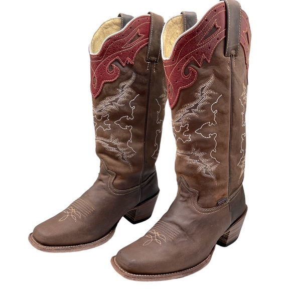 Reyme Boots Women’s Western Cowboy Cowgirl Square Toe Brown & Red  Pull-On - Picture 2 of 8
